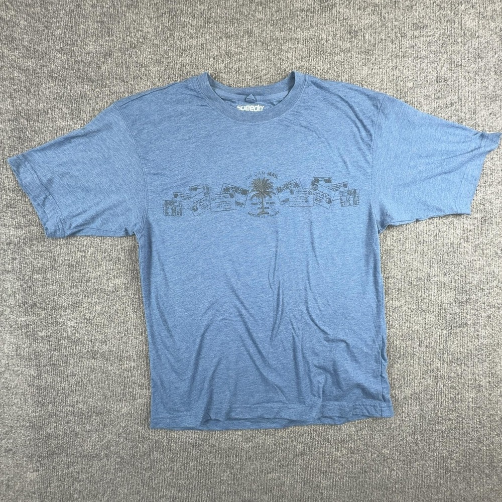 Speedo Shirt Mens Medium Blue Tropical Postcard Graphic Tee Beach Travel